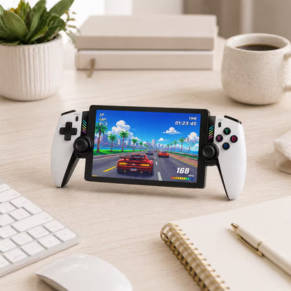 iGameConsole M28 Titan handheld console on a minimalist gaming workspace with a clean desk setup, showing its sleek portable design and immersive retro-style game display.