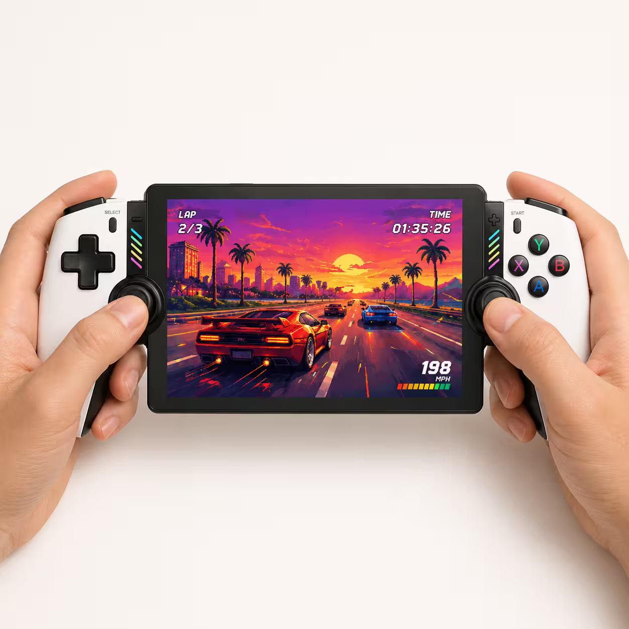 iGameConsole M28 Titan portable gaming console showing dynamic retro racing gameplay, with white side grips, dual joysticks, D-pad, and colorful ABXY buttons in a clean premium product scene.