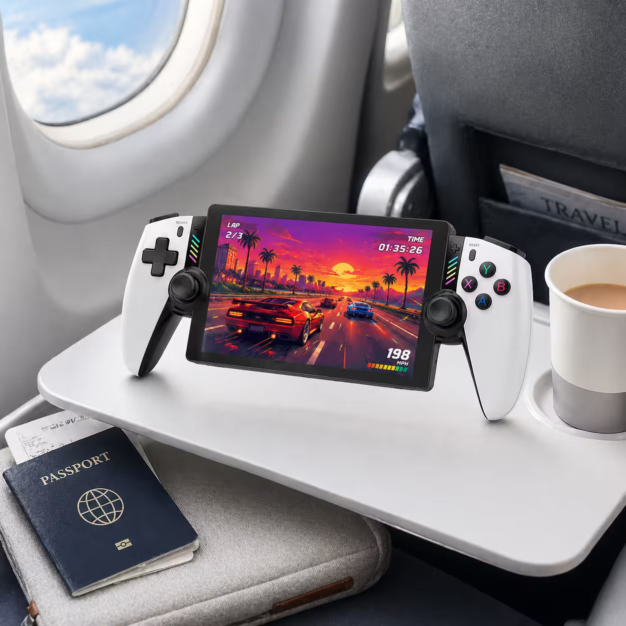 iGameConsole M28 Titan portable gaming console on an airplane tray table with coffee and travel essentials, highlighting gaming on the go with a compact handheld design.