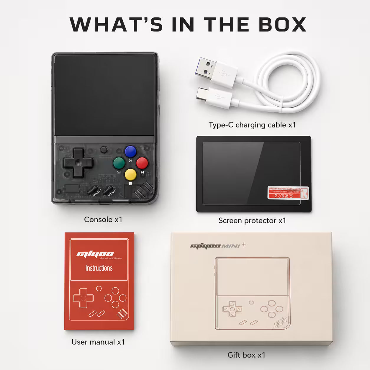 iGameConsole MIYOO Mini Plus translucent black handheld game console displayed in a WHAT’S IN THE BOX layout with the retail gift box, Type-C charging cable, screen protector, user manual, and clean white studio background.