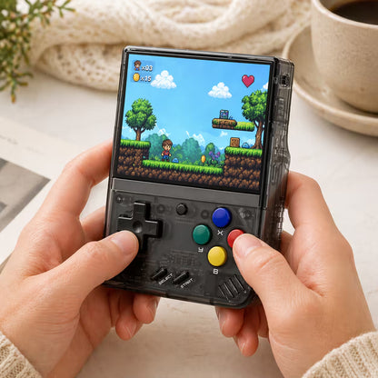 Adult hands holding the iGameConsole MIYOO Mini Plus transparent black portable handheld console, showing its compact size, comfortable grip, D-pad, colorful ABXY buttons, and retro platform game screen.