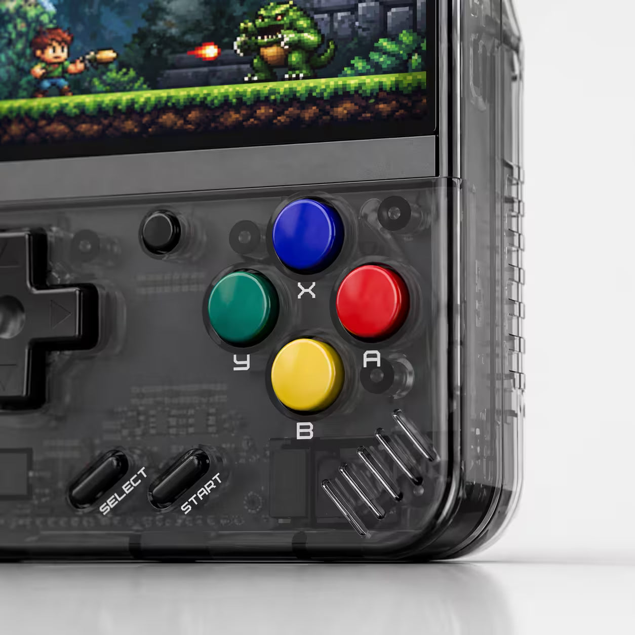 Close-up of the iGameConsole MIYOO Mini Plus transparent black retro handheld console showing colorful ABXY buttons, D-pad, speaker grille, start and select buttons, screen edge, and translucent shell details.