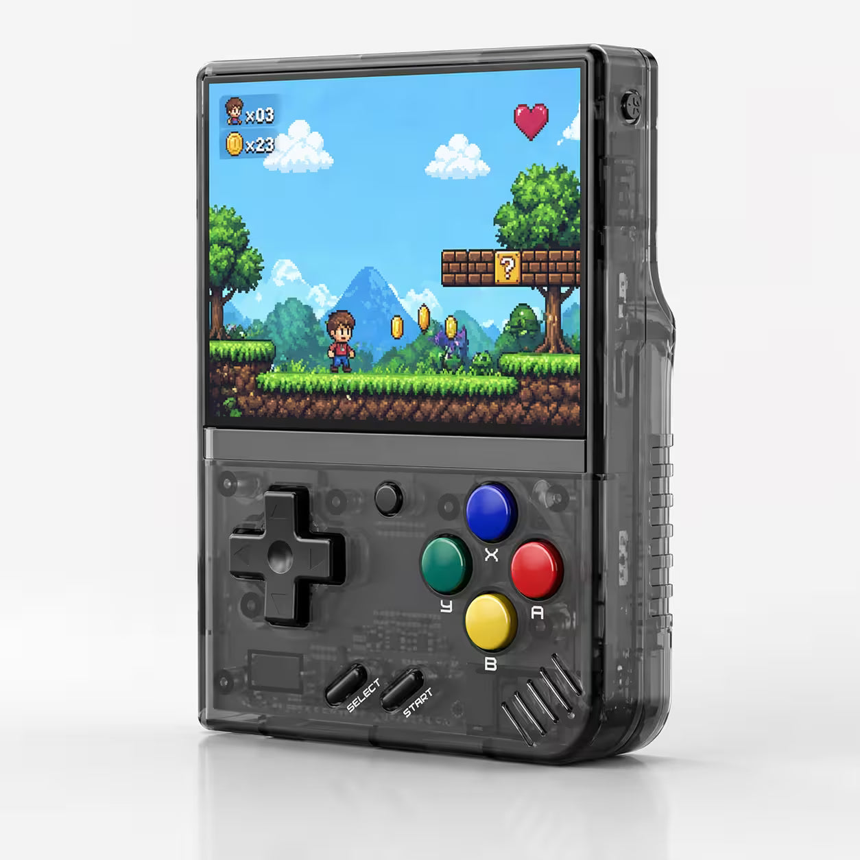 iGameConsole MIYOO Mini Plus transparent black retro handheld game console with a vertical display, D-pad, colorful ABXY buttons, compact body, and pixel-art game screen on a clean white background.