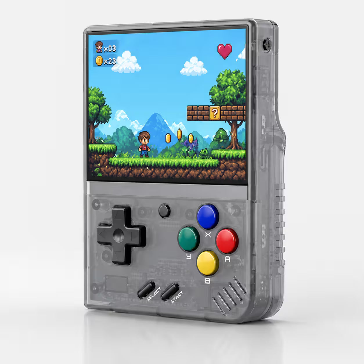 iGameConsole MIYOO Mini Plus transparent gray portable handheld console shown as a standalone color option with a vertical display, black D-pad, colorful ABXY buttons, select and start buttons, speaker grille, and colorful pixel game screen on a clean white background.