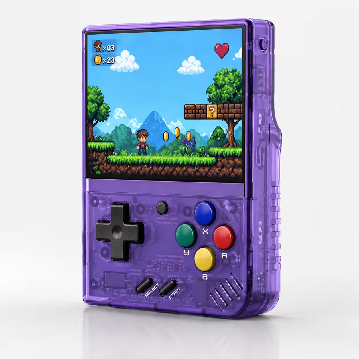 iGameConsole MIYOO Mini Plus transparent purple retro handheld console shown as a standalone color option with a vertical display, black D-pad, colorful ABXY buttons, select and start buttons, speaker grille, and bright pixel platform game screen on a clean white background.