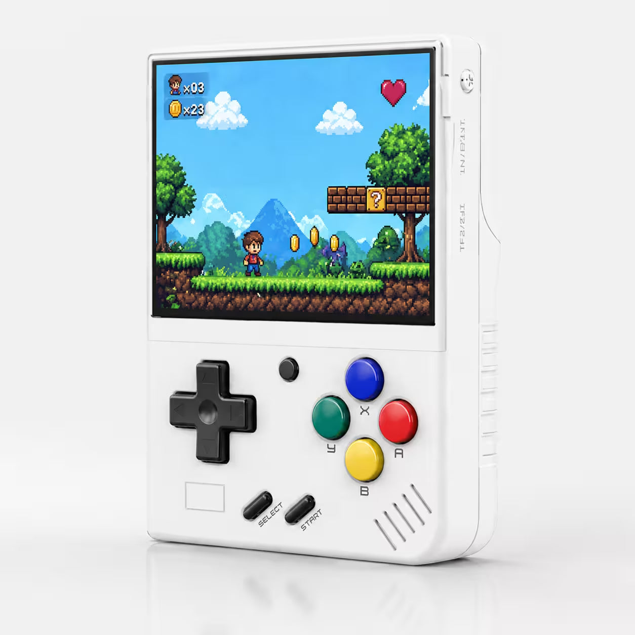 iGameConsole MIYOO Mini Plus white retro handheld game console shown as a standalone color option with a vertical display, black D-pad, colorful ABXY buttons, select and start buttons, speaker grille, and pixel platform game screen on a clean white background.