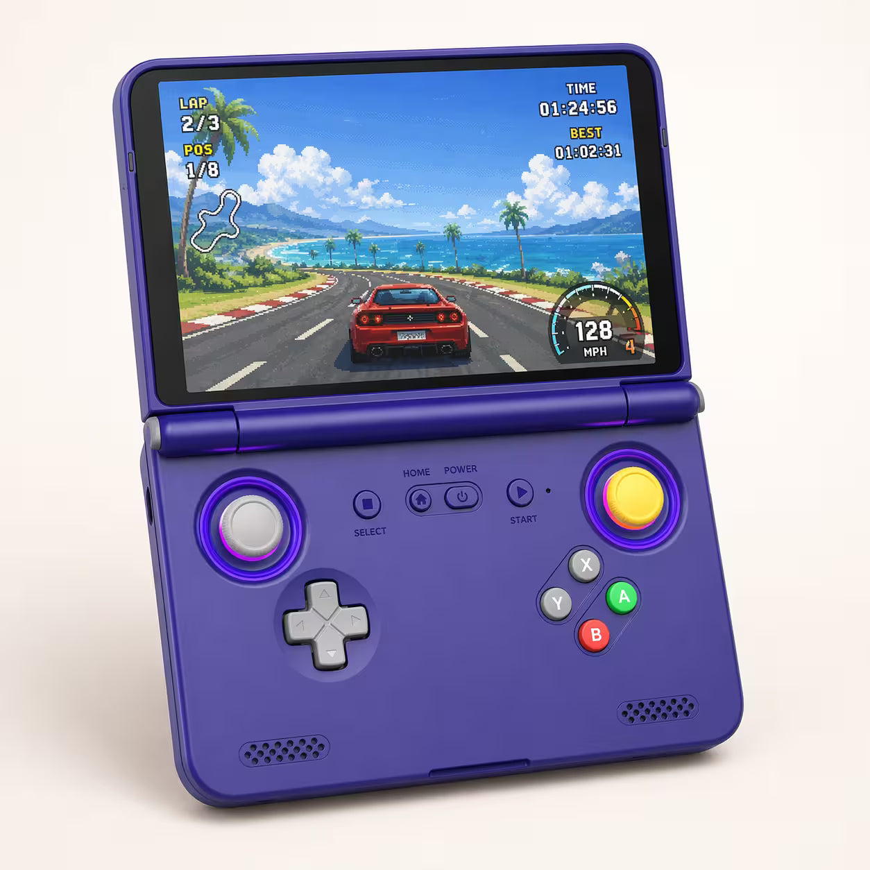 iGameConsole purple clamshell retro handheld game console with a wide display, dual joysticks, D-pad, ABXY buttons, and a retro racing game screen on a clean white background.