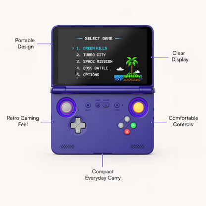 Feature-highlight image of the iGameConsole purple handheld game console with callouts for portable design, retro gaming feel, comfortable controls, compact everyday carry, and clear display.