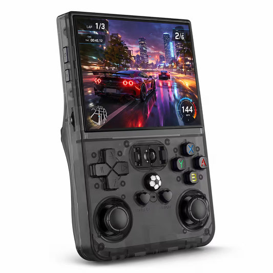 iGameConsole R36PRO transparent smoke black retro handheld game console with a vertical display, black D-pad, colorful ABXY buttons, dual analog sticks, and racing game screen on a clean white background.