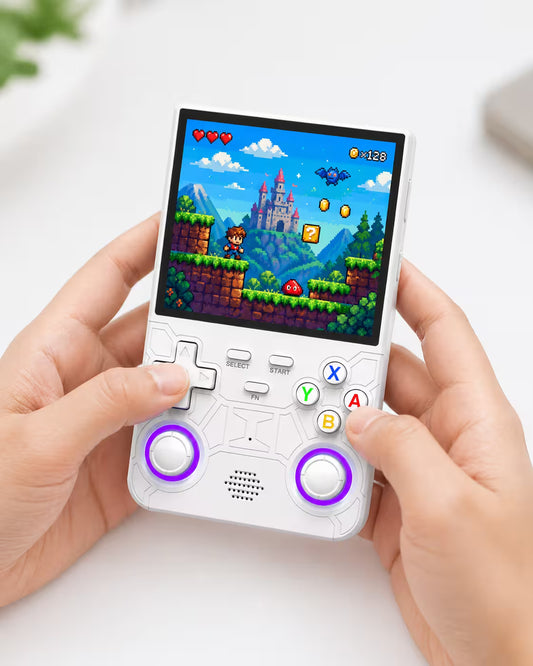 Adult hands holding the iGameConsole R36 ULTRA white portable handheld console, showing its compact vertical design, white D-pad, colorful ABXY buttons, dual purple RGB-ring joysticks, and retro platform game screen.
