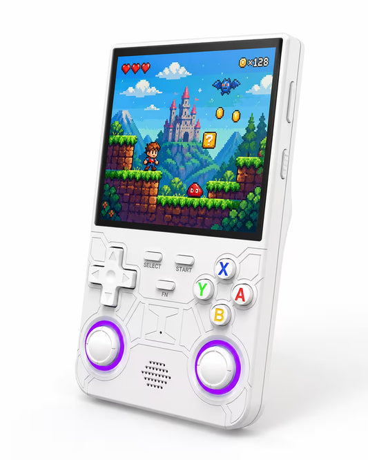 iGameConsole R36 ULTRA white retro handheld game console with a vertical display, white D-pad, colorful ABXY buttons, dual purple RGB-ring joysticks, speaker grille, and pixel-art game screen on a clean white background.