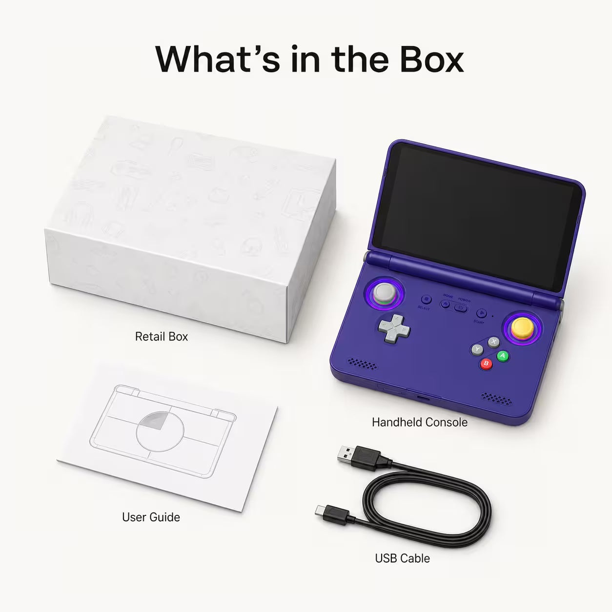 iGameConsole R36H Horizon Edition purple foldable portable gaming console displayed in a What’s in the Box layout with the retail box, user guide, USB cable, dual joysticks, ABXY buttons, speaker grilles, and clean white studio background.
