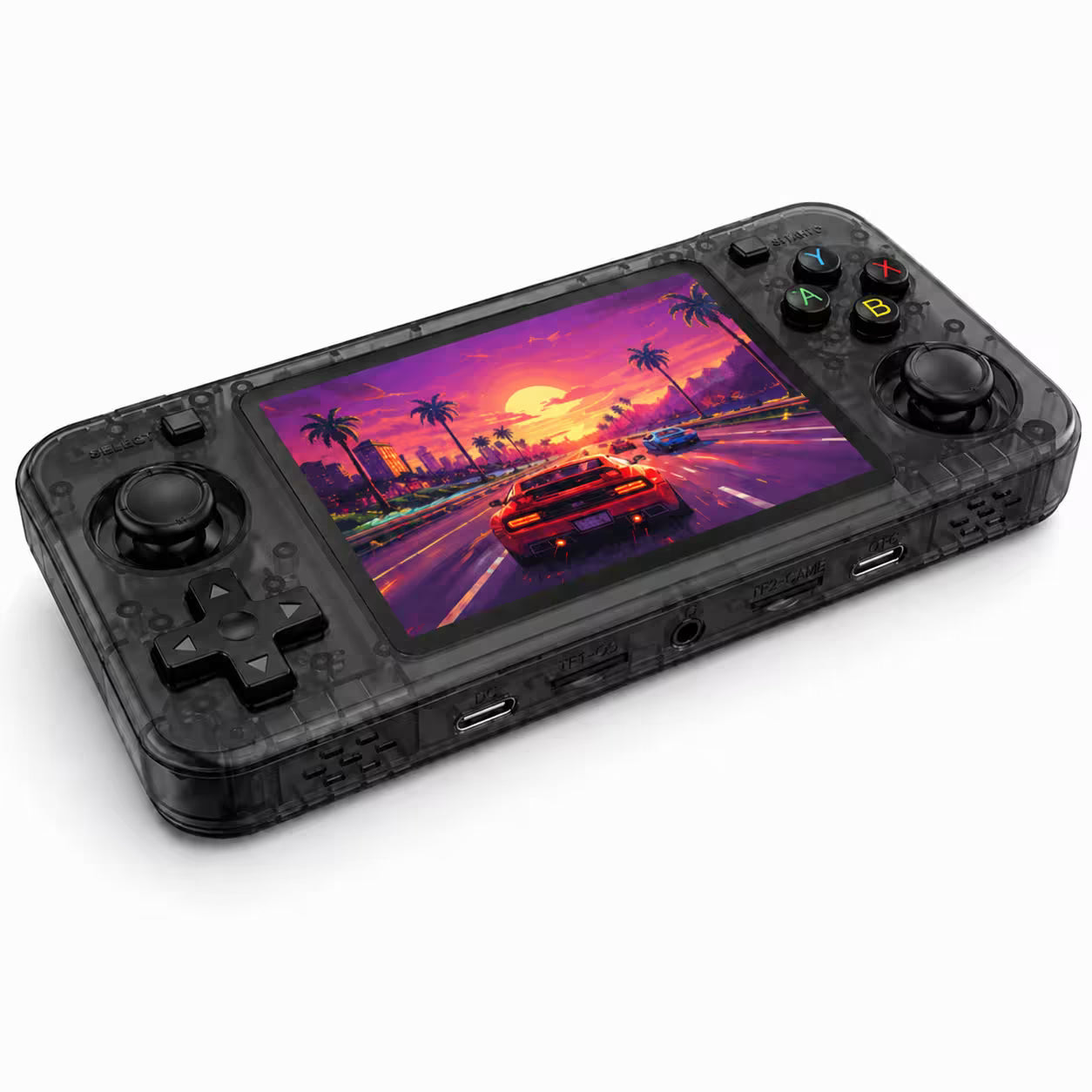 iGameConsole R36H Horizon Edition transparent black retro handheld console shown as a standalone color option with a horizontal screen, black D-pad, ABXY buttons, dual joysticks, smoky translucent shell, front ports, and sunset racing game display on a clean white background.