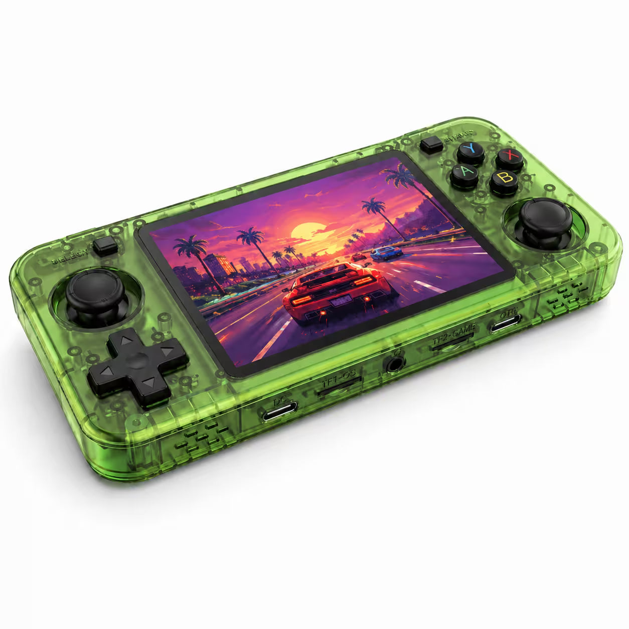 iGameConsole R36H Horizon Edition transparent green retro handheld game console shown as a standalone color option with a horizontal screen, black D-pad, ABXY buttons, dual joysticks, clear shell details, front ports, and colorful sunset racing display on a clean white background.