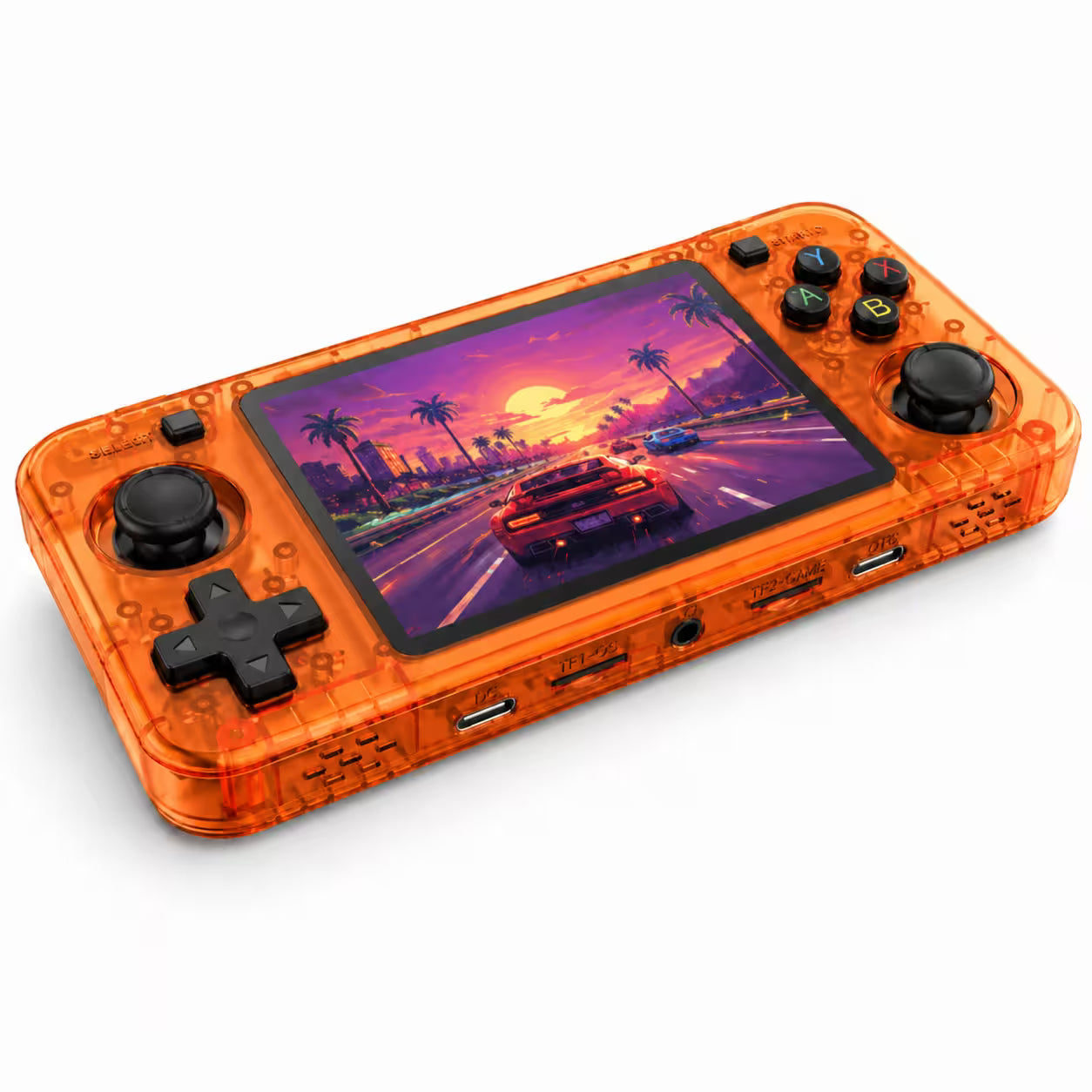 iGameConsole R36H Horizon Edition transparent orange portable handheld console shown as a standalone color option with a wide display, black D-pad, ABXY buttons, dual joysticks, translucent body details, front ports, and racing game screen on a clean white background.
