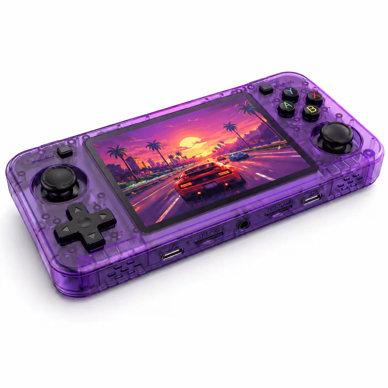 iGameConsole R36H Horizon Edition transparent purple portable handheld console shown as a standalone color option with a wide screen, black D-pad, ABXY buttons, dual joysticks, translucent body details, front ports, and colorful racing game display on a clean white background.