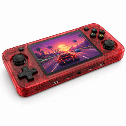 iGameConsole R36H Horizon Edition transparent red portable gaming console shown as a standalone color option with a horizontal display, black D-pad, ABXY buttons, dual joysticks, visible internal-style shell details, front ports, and sunset racing game screen on a clean white background.