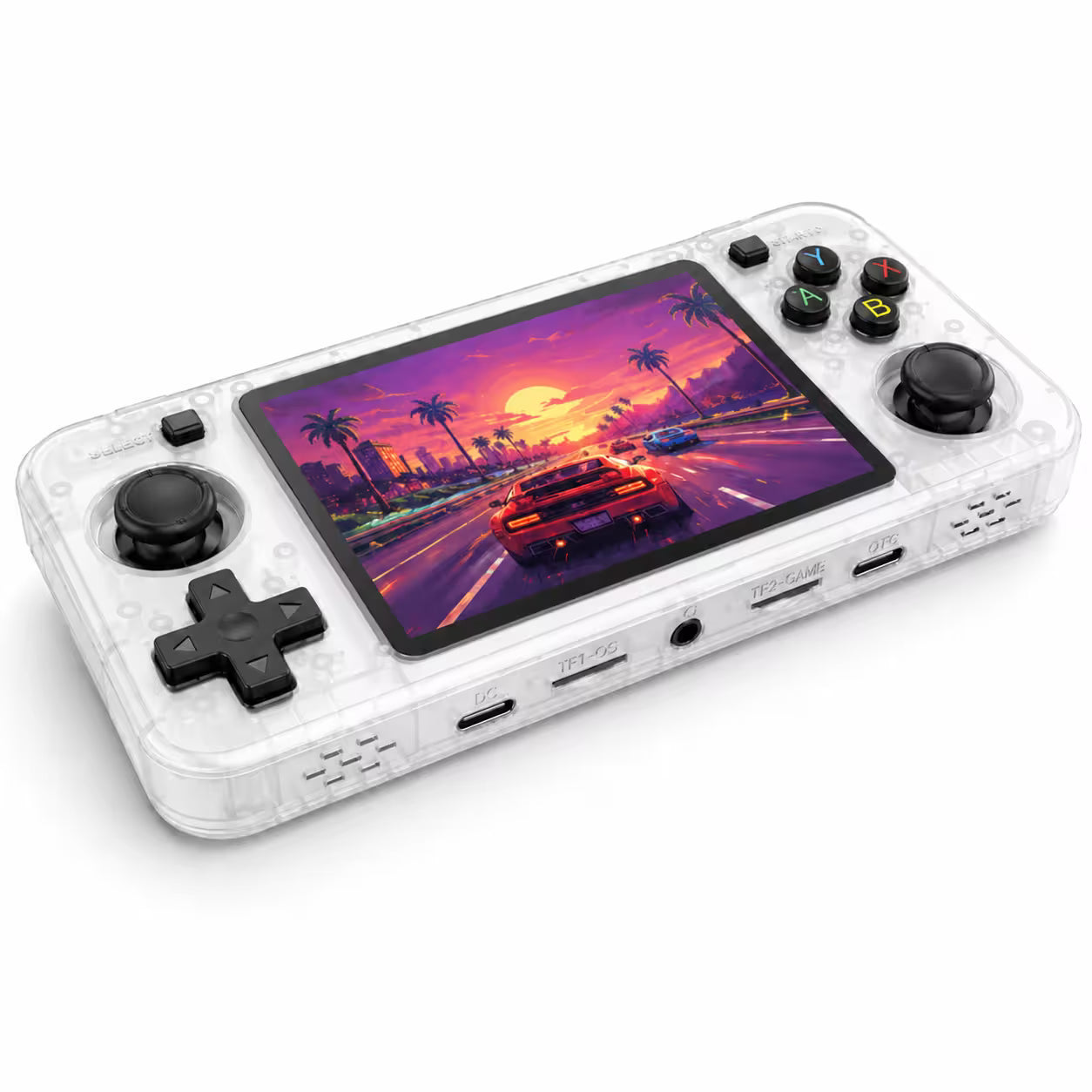 iGameConsole R36H Horizon Edition transparent white retro handheld game console shown as a standalone color option with a horizontal display, black D-pad, ABXY buttons, dual joysticks, visible shell details, front ports, and sunset racing game screen on a clean white background.