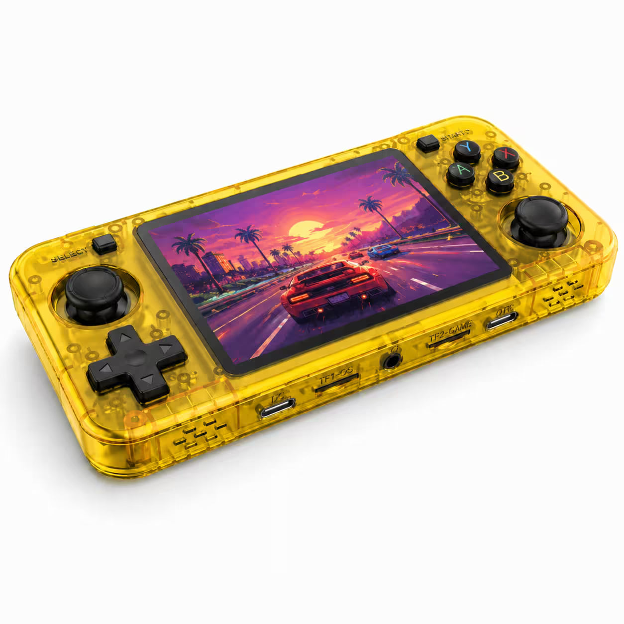 iGameConsole R36H Horizon Edition transparent yellow retro handheld console shown as a standalone color option with a wide display, black D-pad, ABXY buttons, dual joysticks, translucent shell, front ports, and vivid racing game screen on a clean white background.