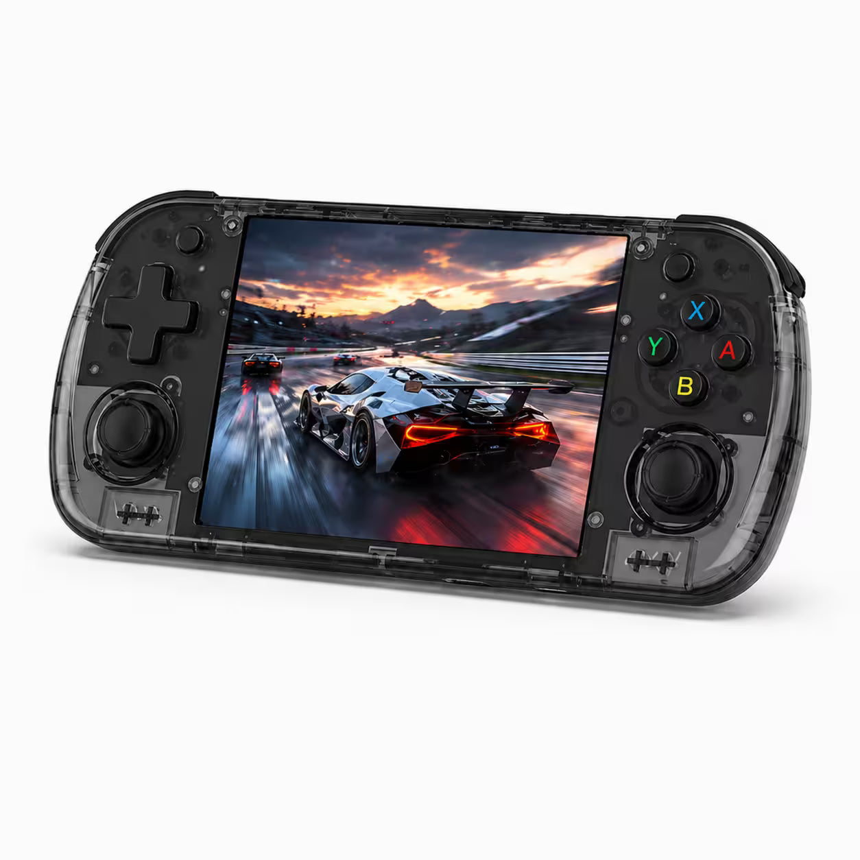 iGameConsole R36H Promax Dual System 4.2-inch IPS WiFi 128GB retro handheld game console in black, shown as a standalone color option with a horizontal display, dual joysticks, D-pad, ABXY buttons, shoulder buttons, and a dynamic racing game screen on a clean white background.