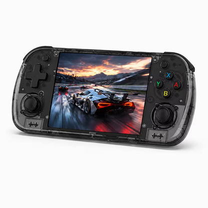 iGameConsole R36H Promax Dual System 4.2-inch IPS WiFi 128GB retro handheld game console in black, shown as a standalone color option with a horizontal display, dual joysticks, D-pad, ABXY buttons, shoulder buttons, and a dynamic racing game screen on a clean white background.