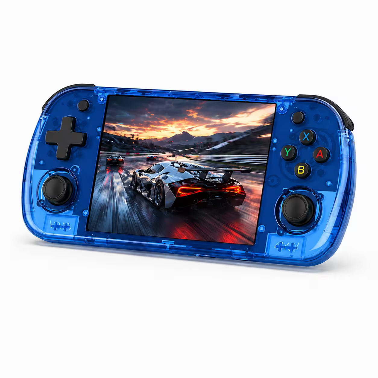 iGameConsole R36H Promax Dual System 4.2-inch IPS WiFi 128GB retro handheld game console in blue, shown as a standalone color option with a horizontal display, dual joysticks, D-pad, ABXY buttons, shoulder buttons, and a colorful racing game screen on a clean white background.