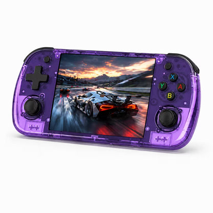 iGameConsole R36H Promax Dual System 4.2-inch IPS WiFi 128GB retro handheld game console in purple, shown as a standalone color option with a horizontal display, dual joysticks, D-pad, ABXY buttons, shoulder buttons, and a vivid racing game screen on a clean white background.