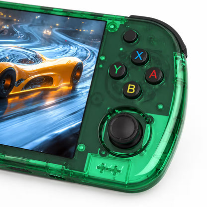 Close-up of the iGameConsole R36H Promax transparent green handheld console showing the colorful ABXY buttons, right joystick, screen edge, transparent shell details, and clean control layout.