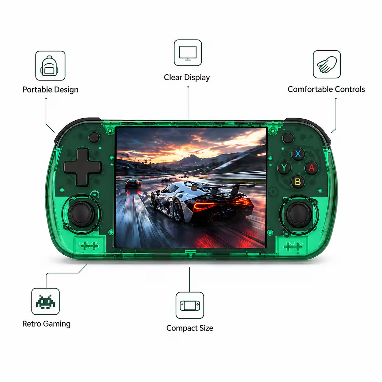 Feature-highlight image of the iGameConsole R36H Promax transparent green handheld game console with callouts for portable design, clear display, comfortable controls, retro gaming, and compact size.
