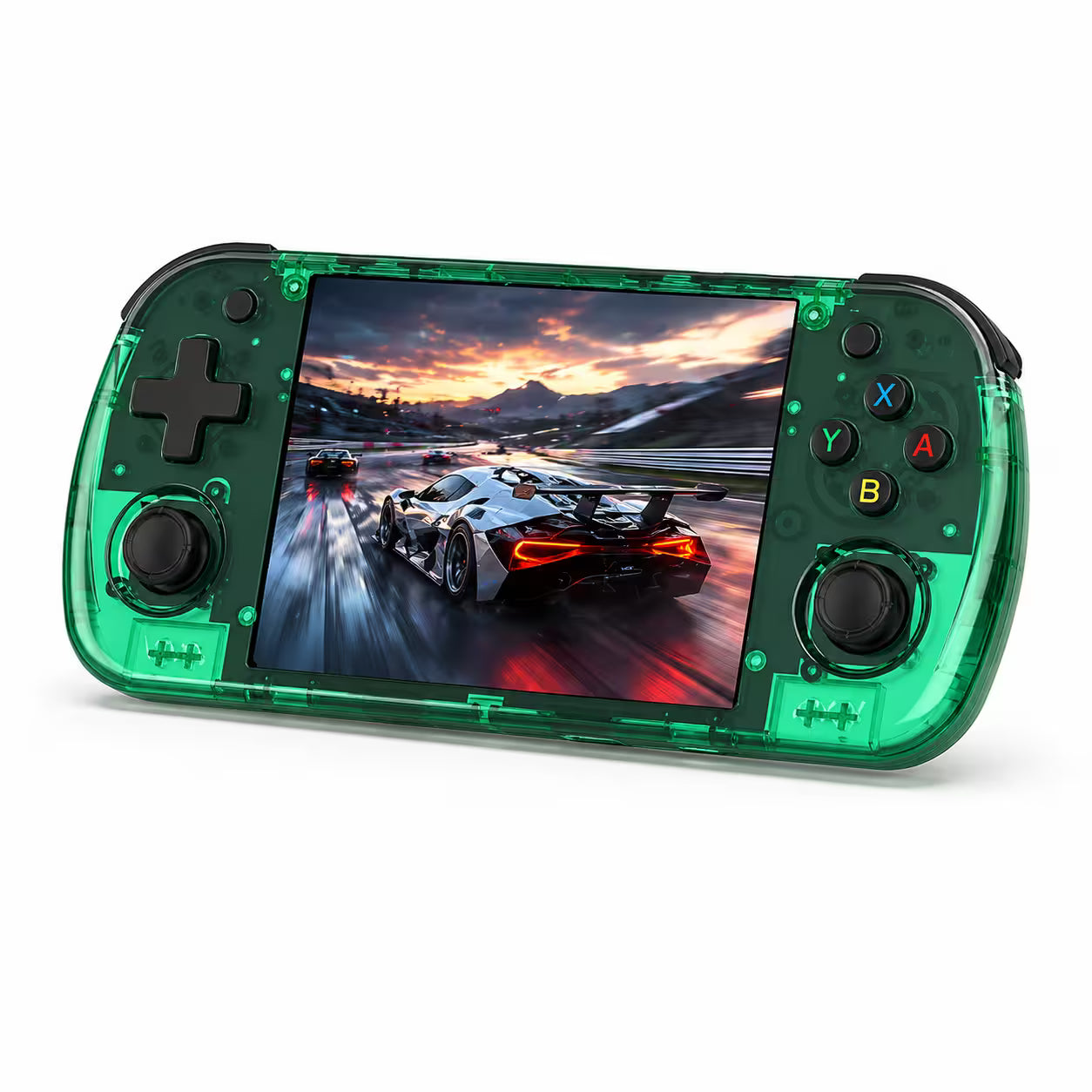 iGameConsole R36H Promax transparent green handheld game console with a horizontal design, black D-pad, dual joysticks, colorful ABXY buttons, and a vivid racing game screen on a clean white background.
