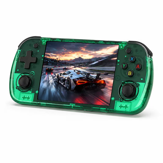 iGameConsole R36H Promax transparent green handheld game console with a horizontal design, black D-pad, dual joysticks, colorful ABXY buttons, and a vivid racing game screen on a clean white background.