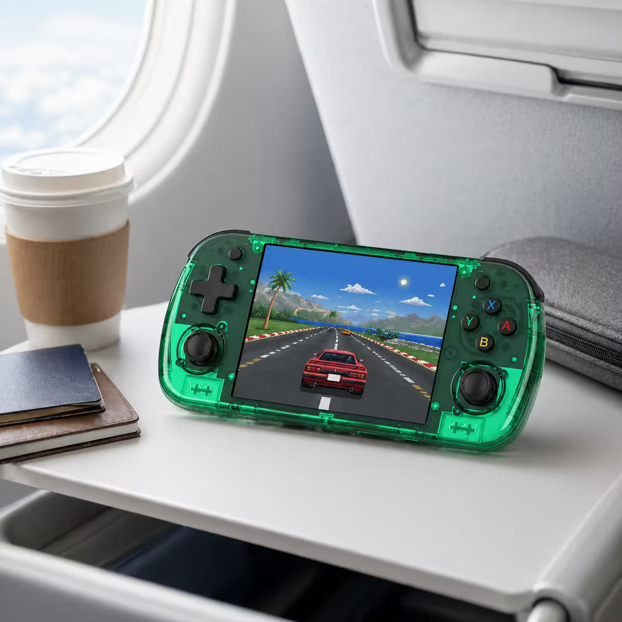 iGameConsole R36H Promax transparent green portable gaming console on an airplane tray table with a coffee cup, passport, and travel pouch, showing gaming on the go.