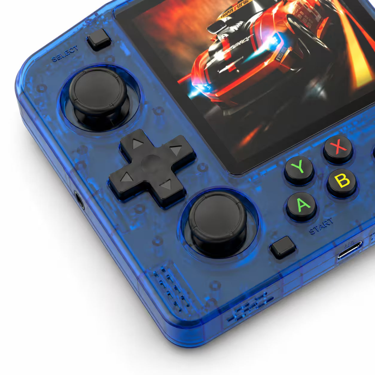 Close-up of the iGameConsole R36H transparent blue handheld console showing the black D-pad, dual analog sticks, ABXY buttons, select and start buttons, speaker holes, bottom ports, and clear shell details.