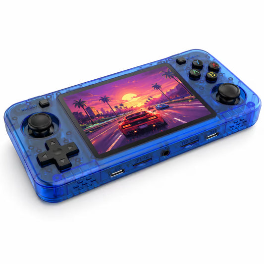 iGameConsole R36H transparent blue retro handheld game console with a horizontal design, black D-pad, dual analog sticks, ABXY buttons, bottom ports, and racing game screen on a clean white background.