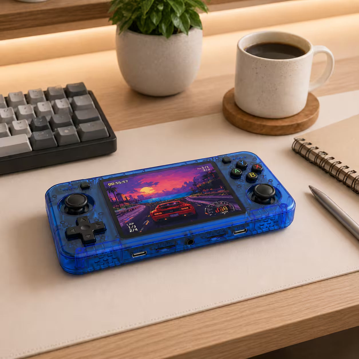 iGameConsole R36H transparent blue retro portable console on a clean modern desk setup with a keyboard, coffee mug, notebook, and plant, displaying a colorful racing game screen.