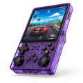 iGameConsole R36Plus purple retro handheld game console with a translucent purple shell, dual joysticks, D-pad, ABXY buttons, front speaker grille, and a colorful racing game display on a clean white background.
