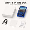 iGameConsole R36Plus Upgraded Edition transparent blue portable handheld console shown in a what’s-in-the-box layout with storage box, Type-C charging cable, screen film, manual, dual joysticks, D-pad, ABXY buttons, and racing game screen.