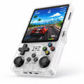 iGameConsole R36Plus white retro handheld game console with a clean white shell, dual joysticks, D-pad, ABXY buttons, front speaker grille, and a colorful racing game display on a clean white background.