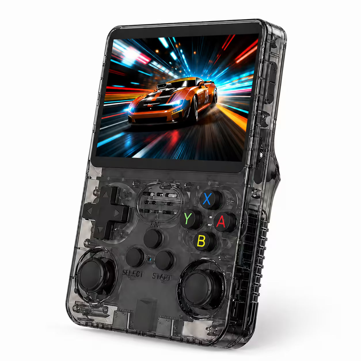 iGameConsole R36S transparent black retro handheld console shown as a standalone color option with a vertical screen, black D-pad, colorful ABXY buttons, dual joysticks, side controls, visible internal structure, and racing game display on a clean white background.