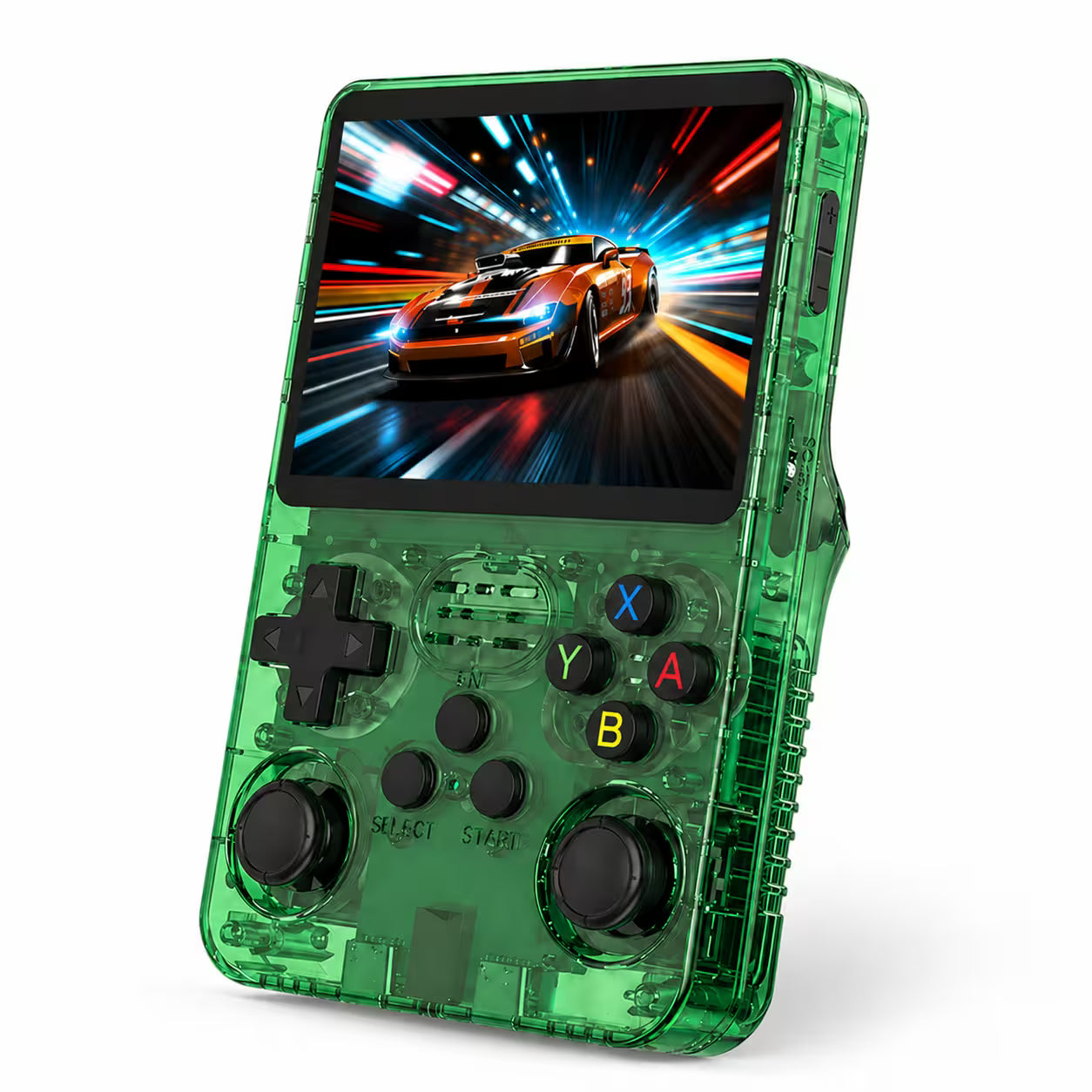 iGameConsole R36S transparent green retro handheld game console shown as a standalone color option with a vertical display, black D-pad, colorful ABXY buttons, dual joysticks, side buttons, visible internal details, and racing game screen on a clean white background.