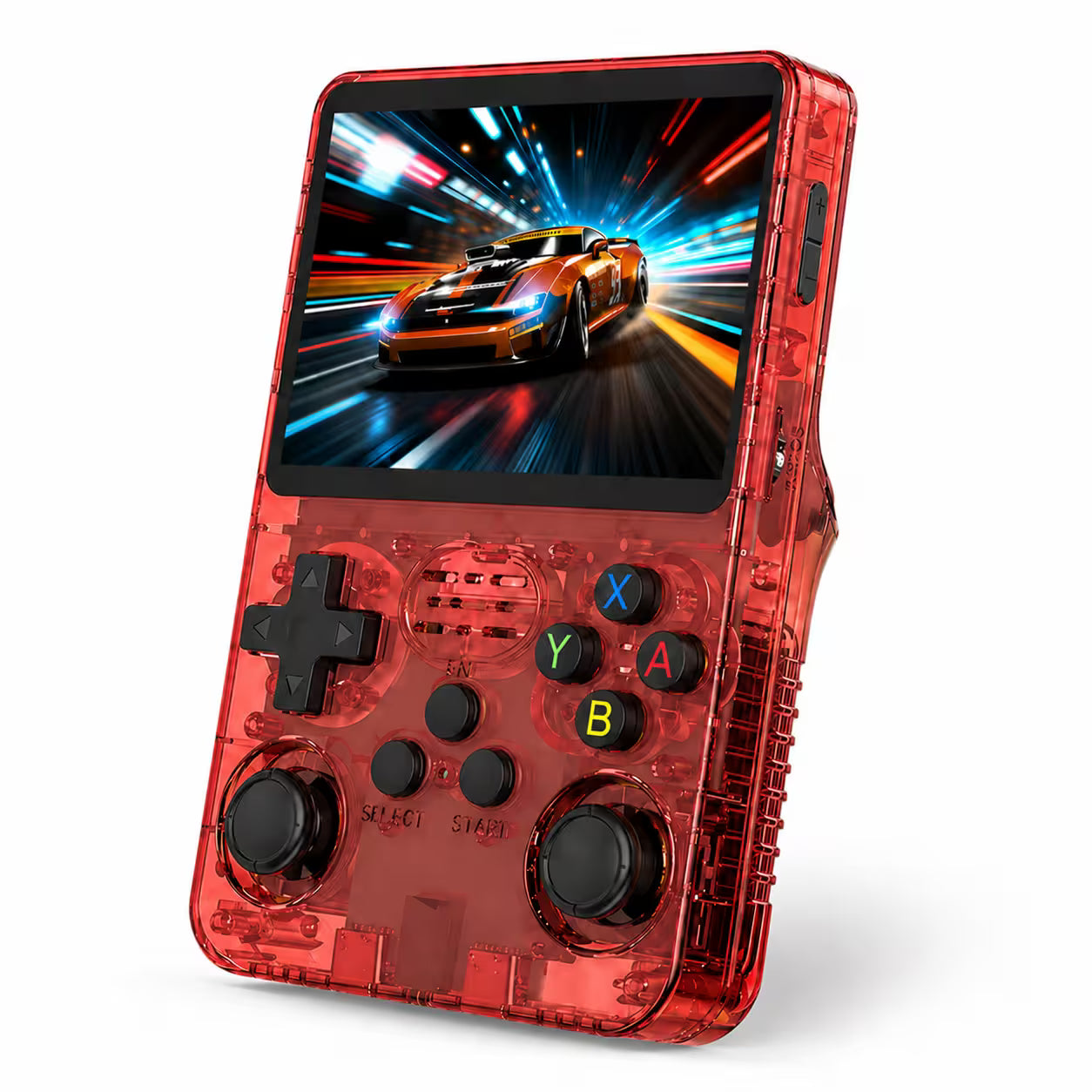 iGameConsole R36S transparent red portable handheld console shown as a standalone color option with a vertical screen, black D-pad, colorful ABXY buttons, dual joysticks, side controls, visible shell details, and racing game display on a clean white background.