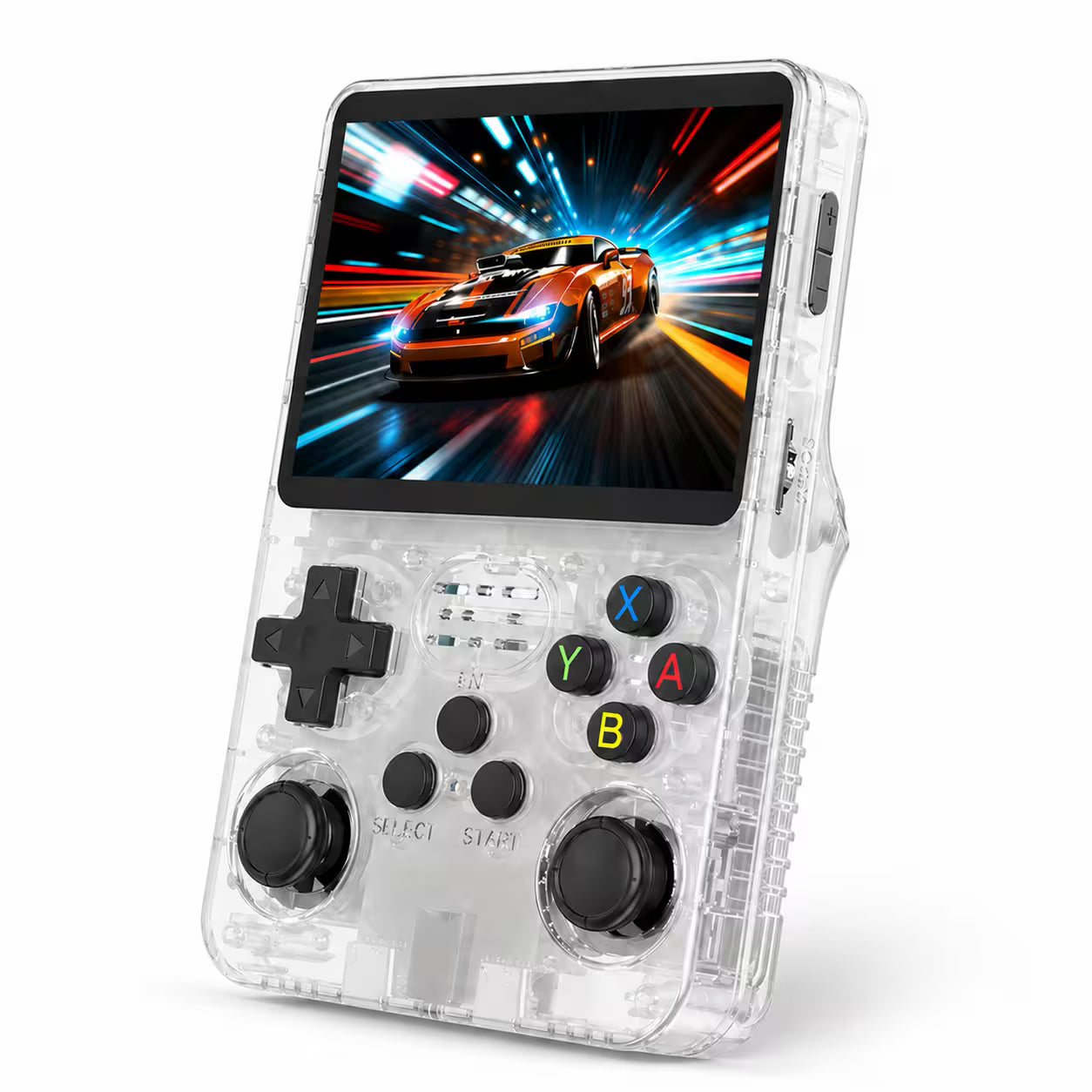 iGameConsole R36S transparent white portable handheld console shown as a standalone color option with a vertical screen, black D-pad, colorful ABXY buttons, dual joysticks, side controls, clear shell details, and racing game display on a clean white background.