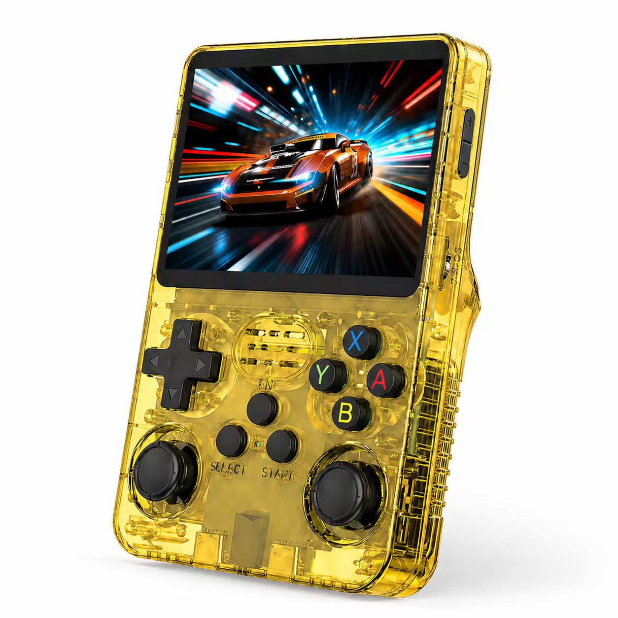 iGameConsole R36S transparent yellow portable gaming console shown as a standalone color option with a vertical display, black D-pad, colorful ABXY buttons, dual joysticks, side buttons, translucent shell details, and racing game screen on a clean white background.