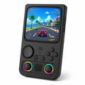 iGameConsole R36T MAX black retro handheld game console shown as a standalone color option with a large square display, circular D-pad, ABXY buttons, dual RGB-ring joysticks, center speaker grille, and colorful racing game screen on a clean white background.