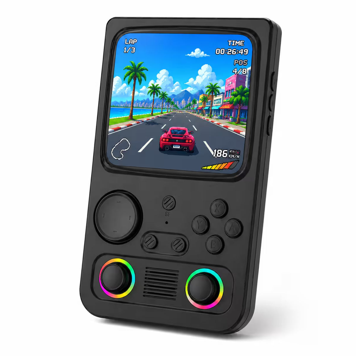 iGameConsole R36T MAX black retro handheld game console shown as a standalone color option with a large square display, circular D-pad, ABXY buttons, dual RGB-ring joysticks, center speaker grille, and colorful racing game screen on a clean white background.