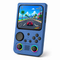 iGameConsole R36T MAX blue retro handheld game console shown as a standalone color option with a large square display, circular D-pad, ABXY buttons, dual RGB-ring joysticks, center speaker grille, and colorful racing game screen on a clean white background.