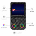 Feature-highlight image of the iGameConsole R36T MAX carbon fiber black handheld game console with callouts for portable design, clear display, comfortable controls, dual joysticks, RGB rings, and compact everyday carry.