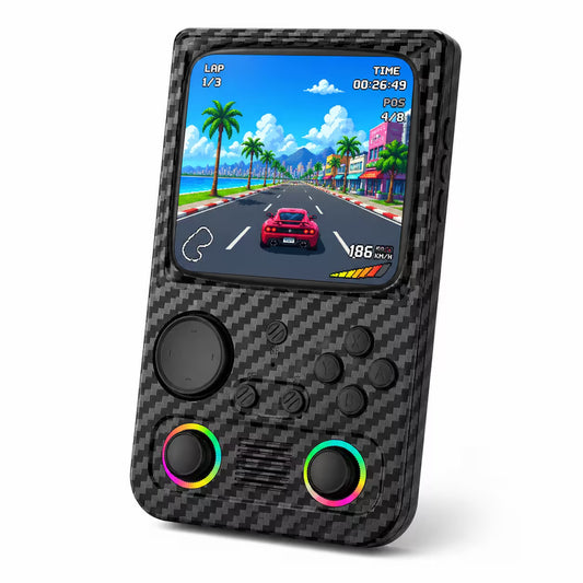 iGameConsole R36T MAX carbon fiber black retro handheld game console with a vertical display, upper-left directional pad, ABXY buttons, dual RGB-ring joysticks, speaker grille, and pixel racing game screen on a clean white background.