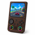 iGameConsole R36T MAX dark wood grain retro handheld game console shown as a standalone color option with a large square display, circular D-pad, ABXY buttons, dual RGB-ring joysticks, center speaker grille, and colorful racing game screen on a clean white background.