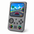 iGameConsole R36T MAX gray retro handheld game console shown as a standalone color option with a large square display, circular D-pad, ABXY buttons, dual RGB-ring joysticks, center speaker grille, and colorful racing game screen on a clean white background.